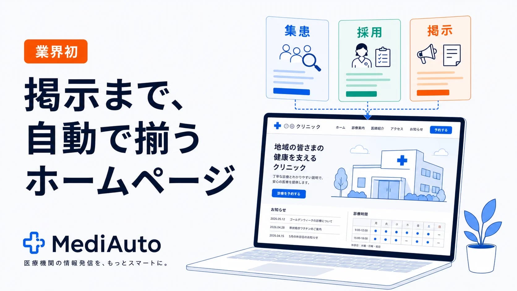 厚労省の掲示事項ページを自動生成する機能を内蔵した医療機関向けホームページ制作サービス「MediAuto(メディオート)」提供開始