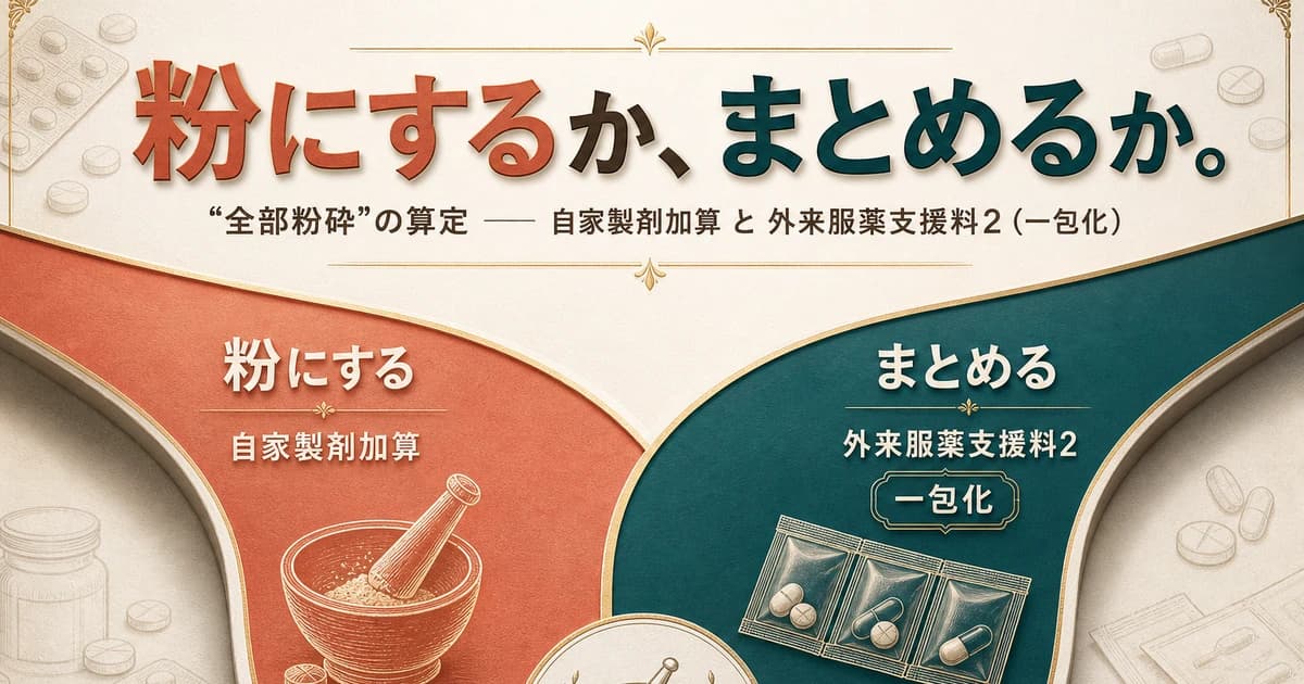 「全部粉砕」の算定は外来服薬支援料2(一包化)?自家製剤加算?違いと併算定を薬局向けに解説