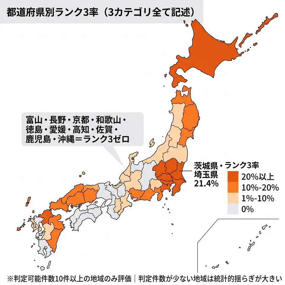 都道府県別ランク3率(3カテゴリ全て記述)の日本地図。茨城県・埼玉県が21.4%で最高、富山・長野・京都・和歌山・徳島・愛媛・高知・佐賀・鹿児島・沖縄の10県はランク3ゼロ。判定可能件数10件以上の地域のみ評価。